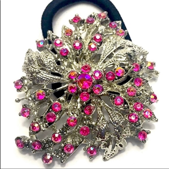 Ponytail Holder Brooch Pink Rhinestones 2 In 1 - Picture 1 of 2